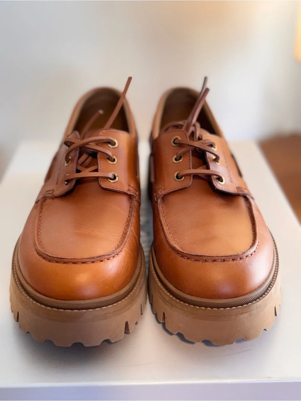 Emporio Armani Lug Sole Leather Boat Shoes Biscotto Tan Men's US 9 / UK 8 NIB